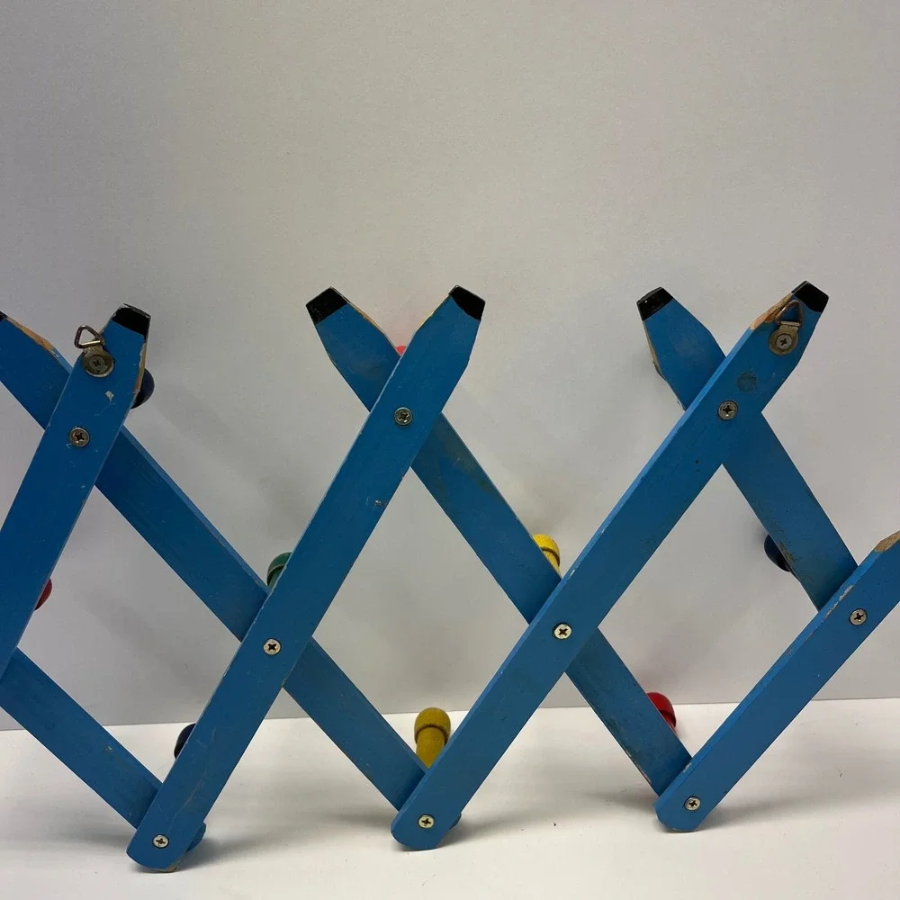 Vintage Pencil Accordion Wall Rack Kids Nursery Blue Wooden Folding Peg Rail